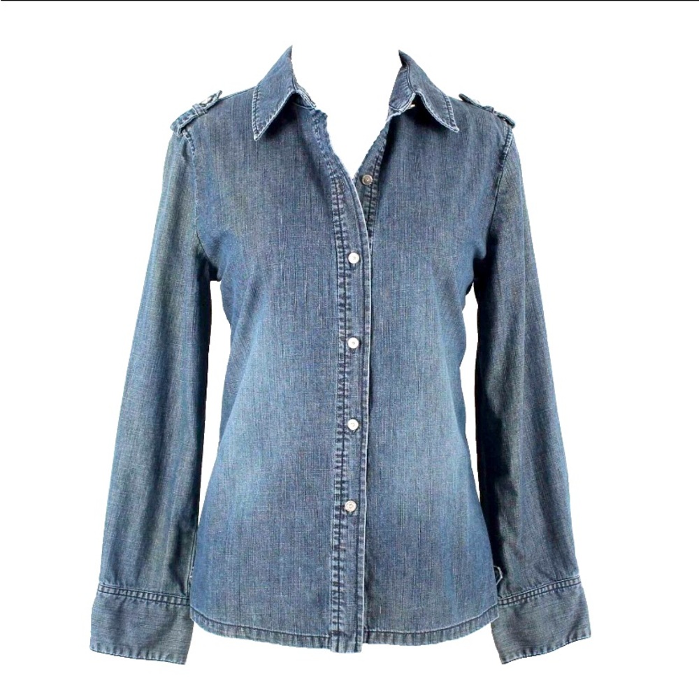 Chico’s Blue Denim Rhinestone Button Front 100% Cotton Shirt Top Size 2 Large